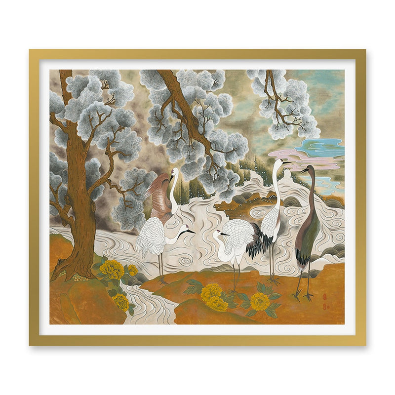 Cranes Bathing in Traditional Landscape Art Print