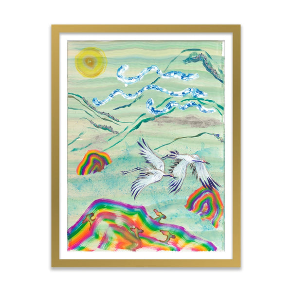 Cranes in Flight Over Celadon Landscape