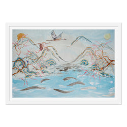 Migration of a Pair of Cranes, Robins, and Butterflies Art Print