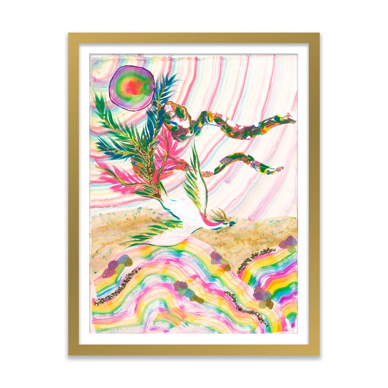 Mythical Bird in Flight Over Prismatic Landscape A Art Print