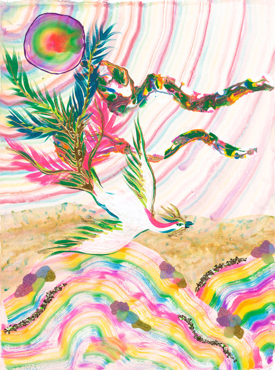 Mythical Bird in Flight Over Prismatic Landscape A Art Print