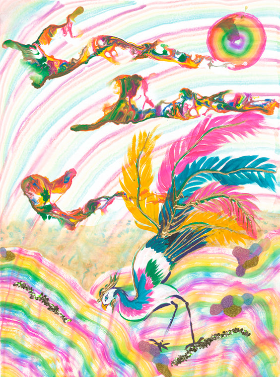 Mythical Bird in Flight Over Prismatic Landscape B Art Print