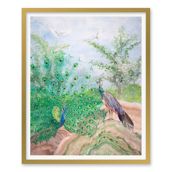 Pair of Peacocks and White Doves in Flight Print