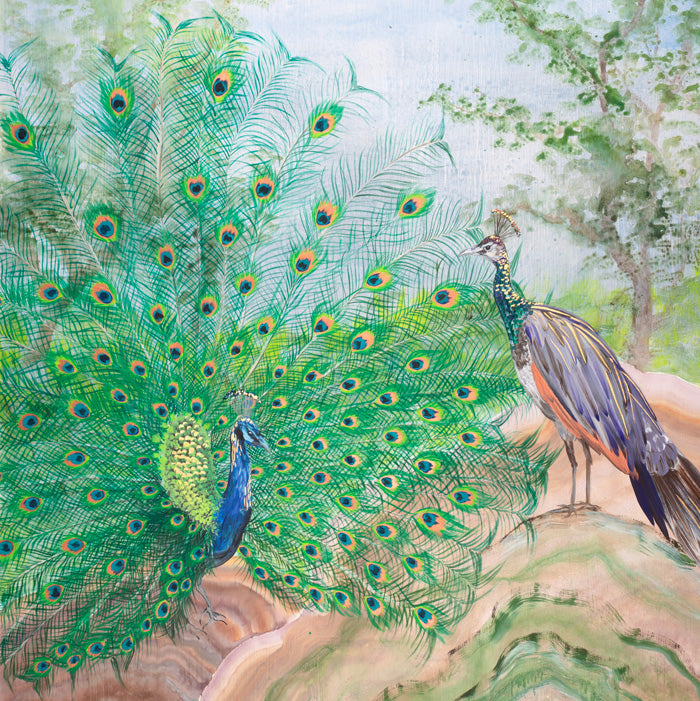 Pair of Peacocks and White Doves in Flight Art Print