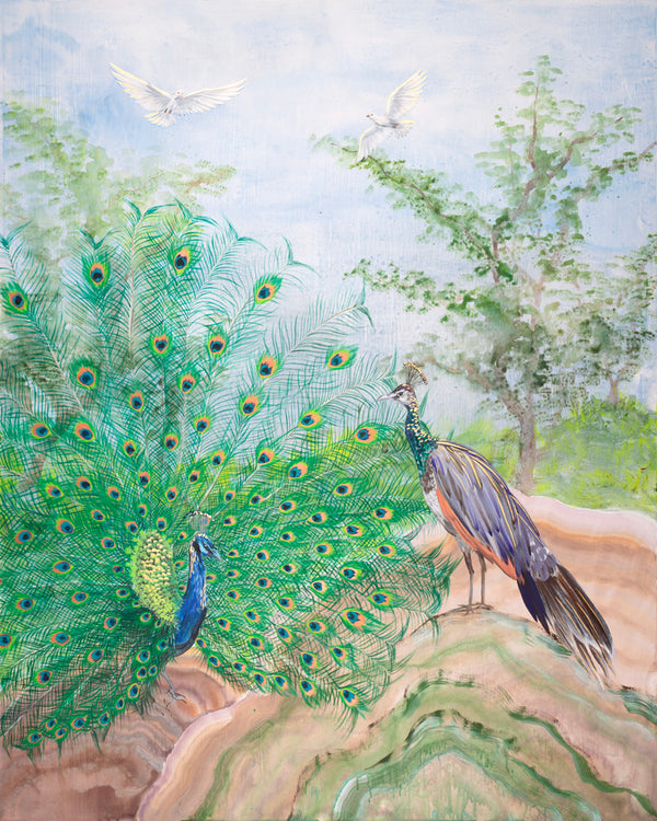 Pair of Peacocks and White Doves in Flight Print