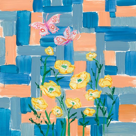 Poppies and Butterflies Color Study in Blue and Yellow Art Print