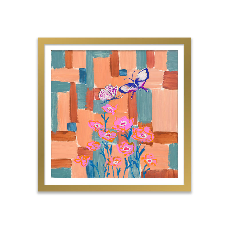 Poppies and Butterflies Color Study in Peach and Teal Art Print