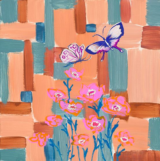 Poppies and Butterflies Color Study in Peach and Teal Art Print