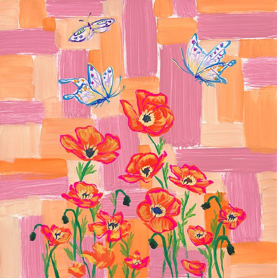 Poppies and Butterflies Color Study in Pink and Orange Art Print