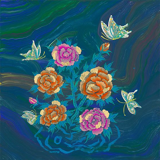 Three Butterflies and Peonies on Boulder Opal Art Print