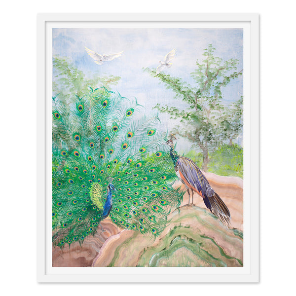 Pair of Peacocks and White Doves in Flight Print